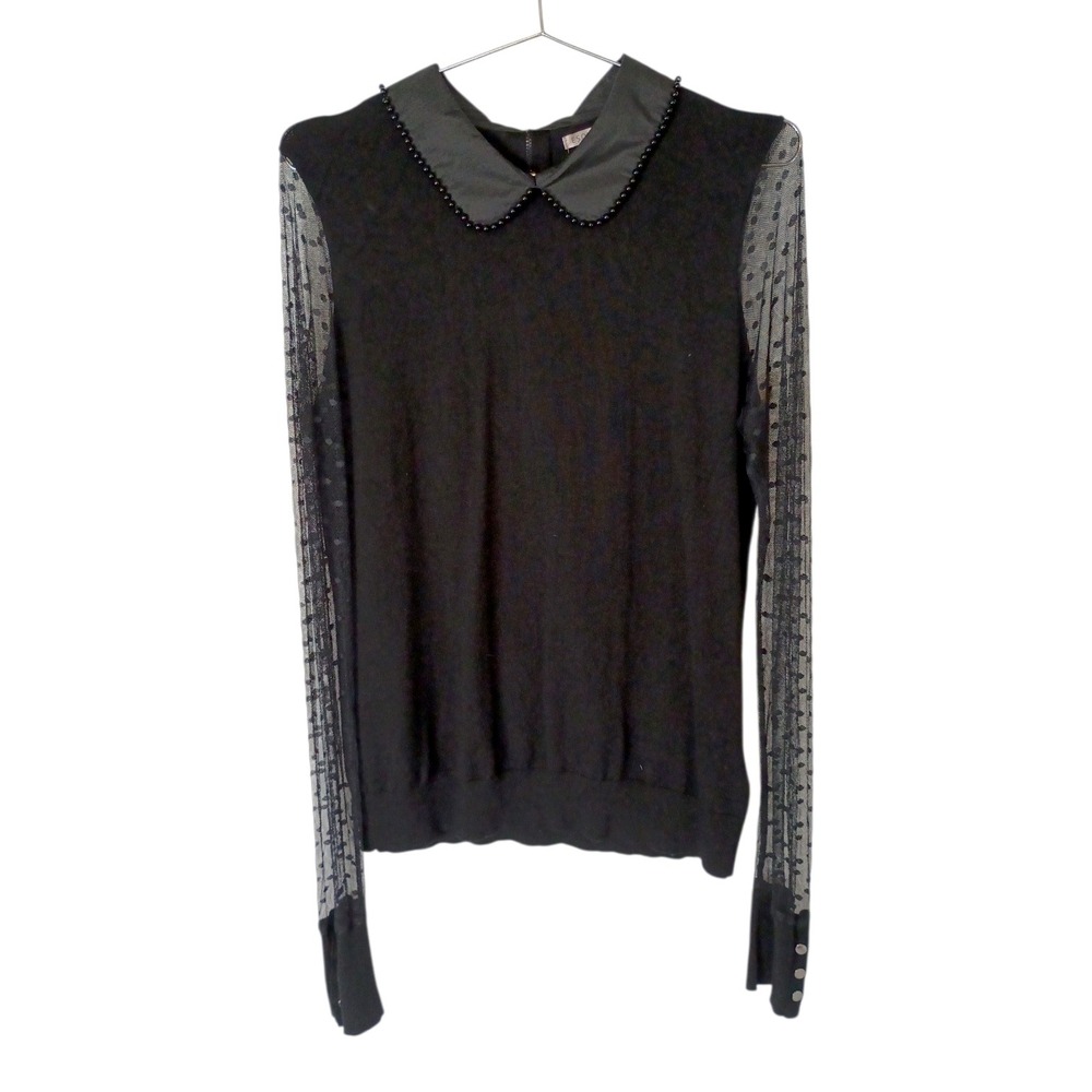 Esqualo Black Beaded Peter Pan Collar Top Sheer Polka Dot Mesh Sleeves Womens S